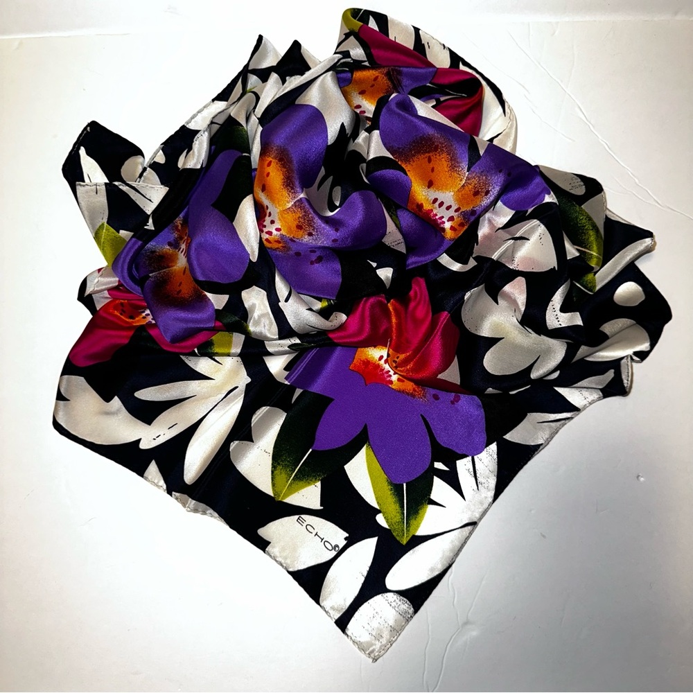 Echo Silk Scarf with Purple and Black Floral Design